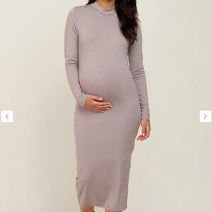 Taupe Mock Neck Maternity Long Sleeve Dress